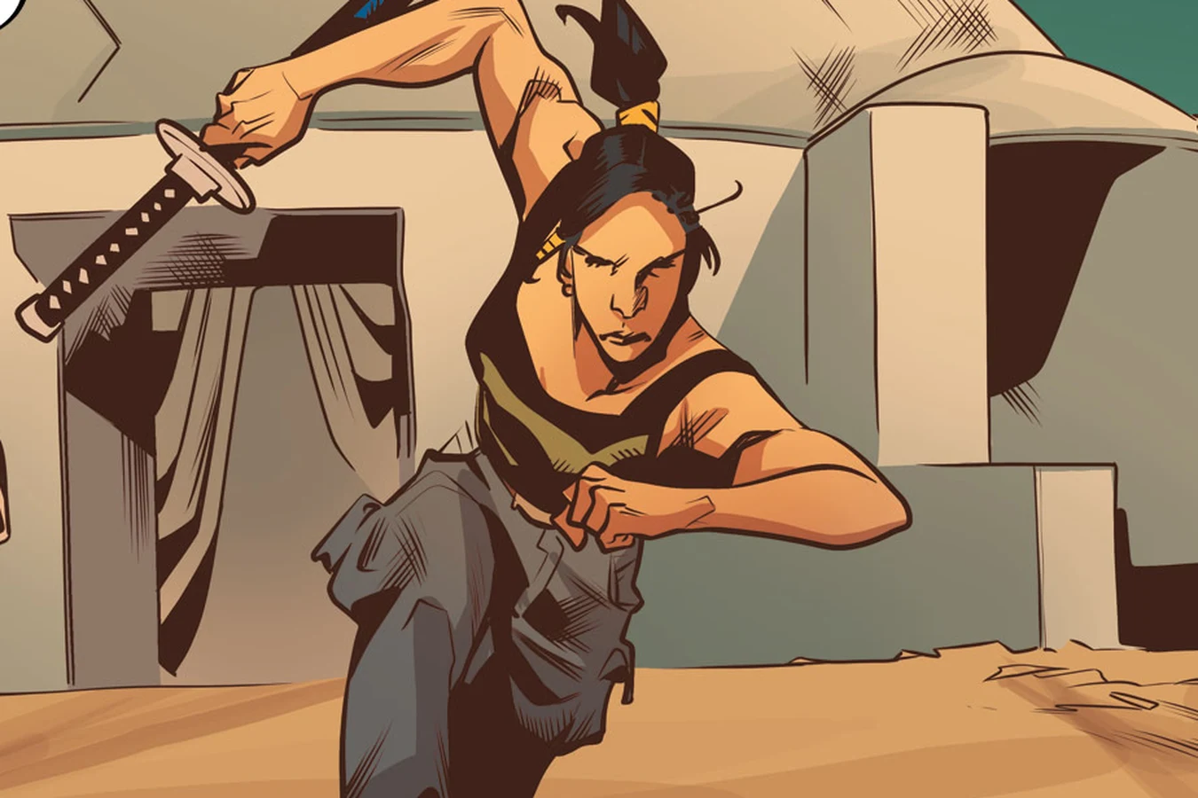 Elle charging across the co-op with the katana drawn to save Nyoko Kojima in Blade Runner: Black Lotus #4