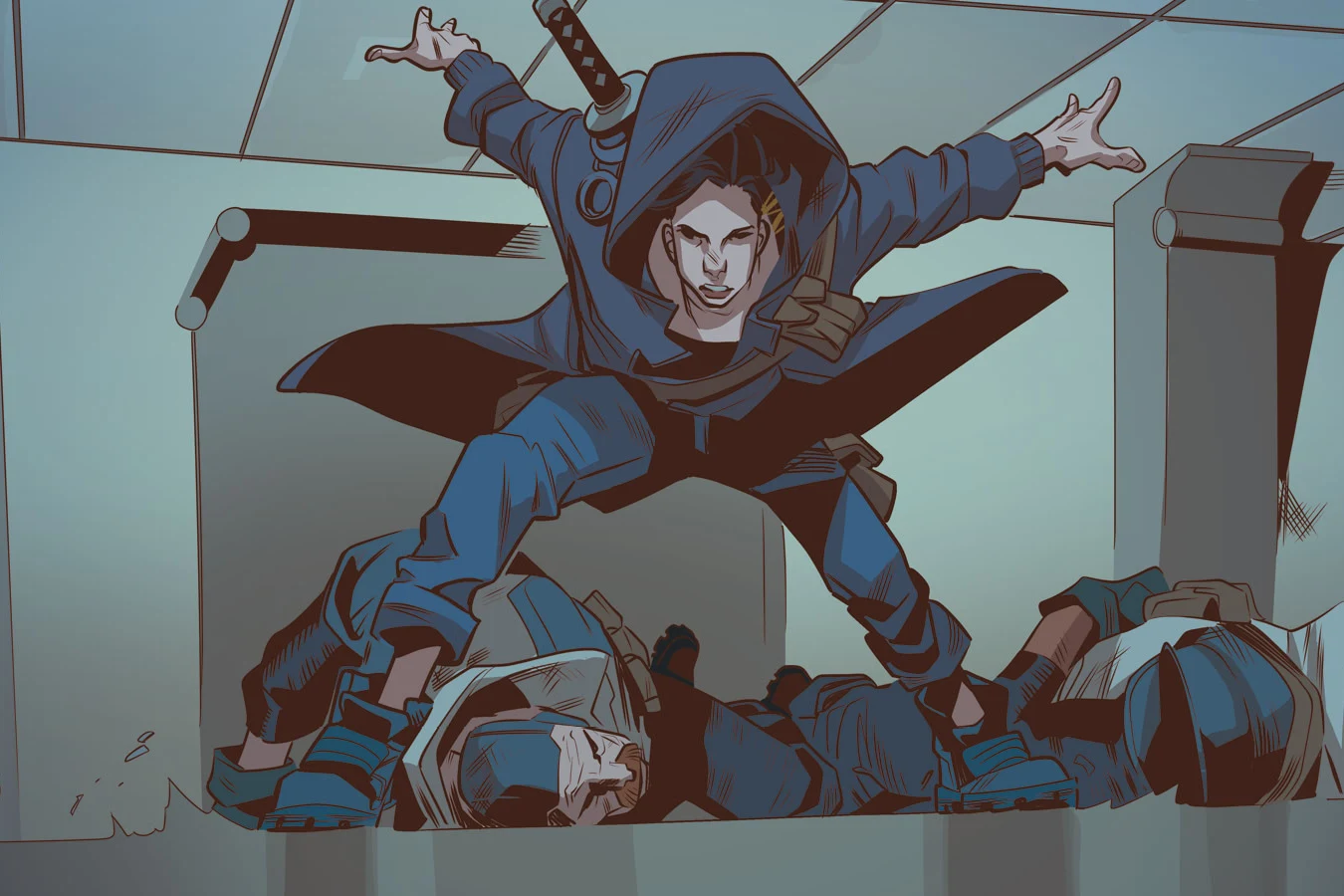 Elle in a stolen hooded jacket landing on two unconscious guards inside the fracking plant in Blade Runner: Black Lotus #3