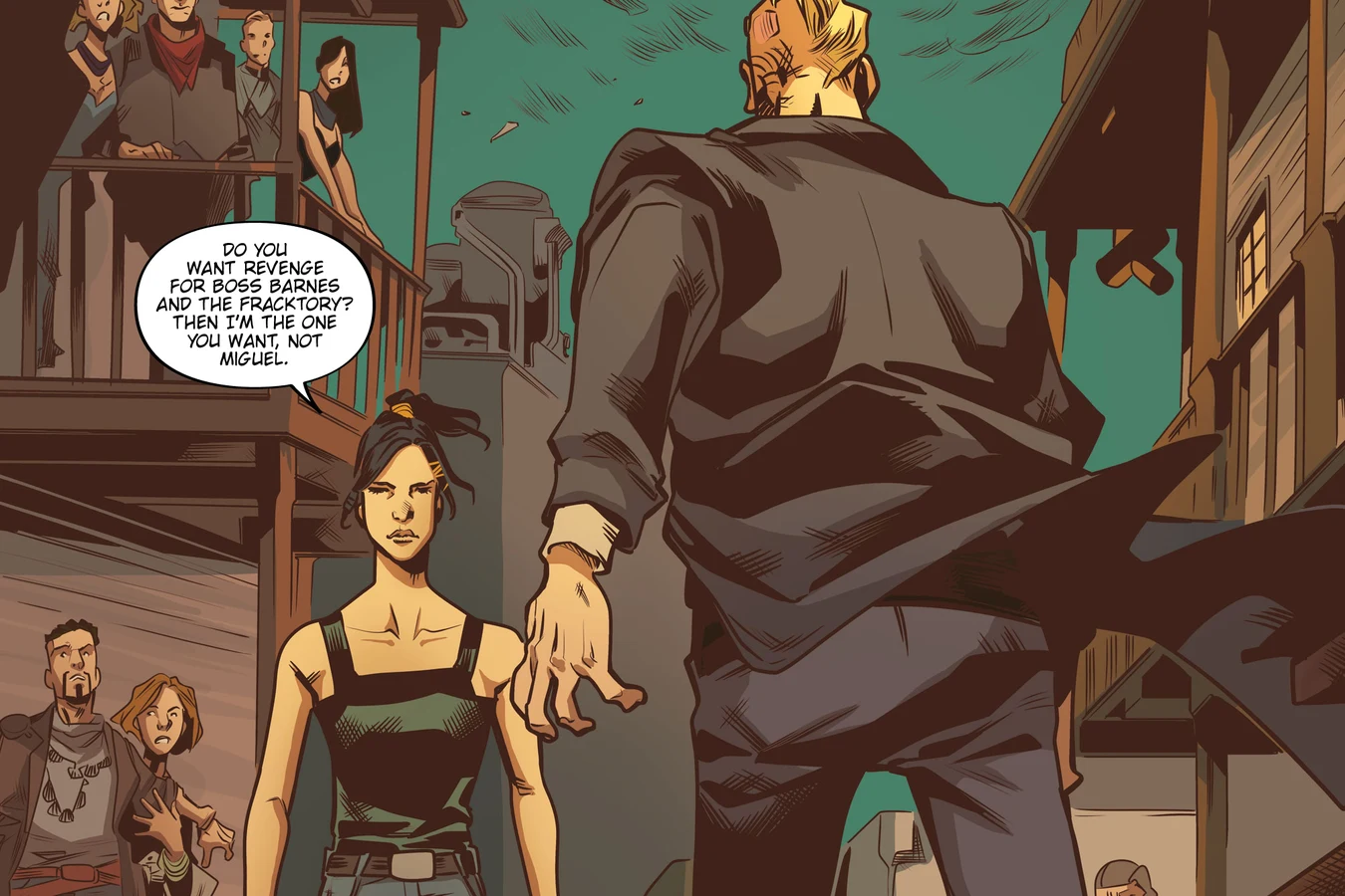 Elle facing Ivan Kozlov in a Fracktown street as townsfolk watch from the balconies in Blade Runner: Black Lotus #4