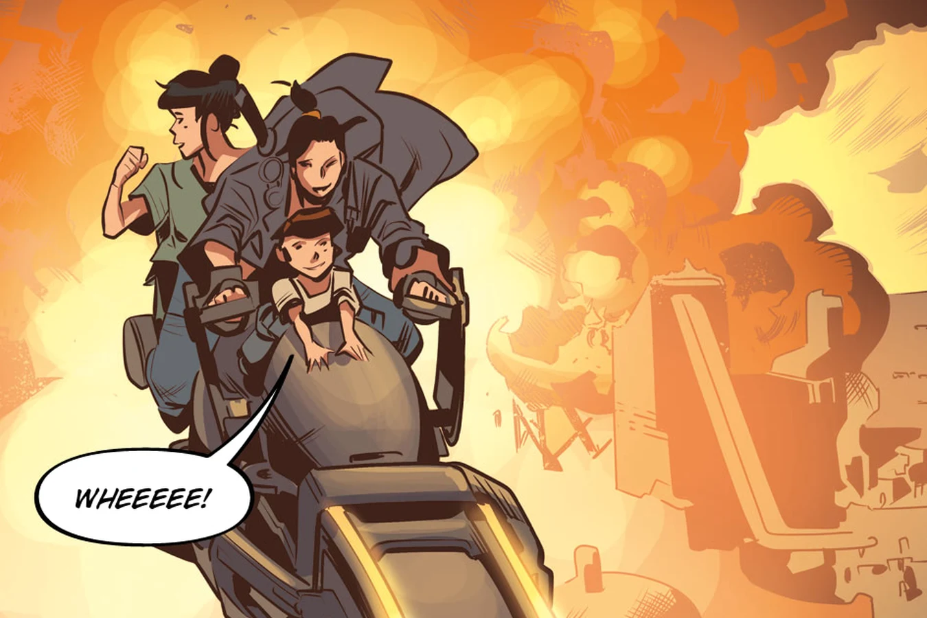 Elle, Nyoko Kojima and Kaja escaping on the spinner bike as the fracking plant explodes behind them in Blade Runner: Black Lotus #3