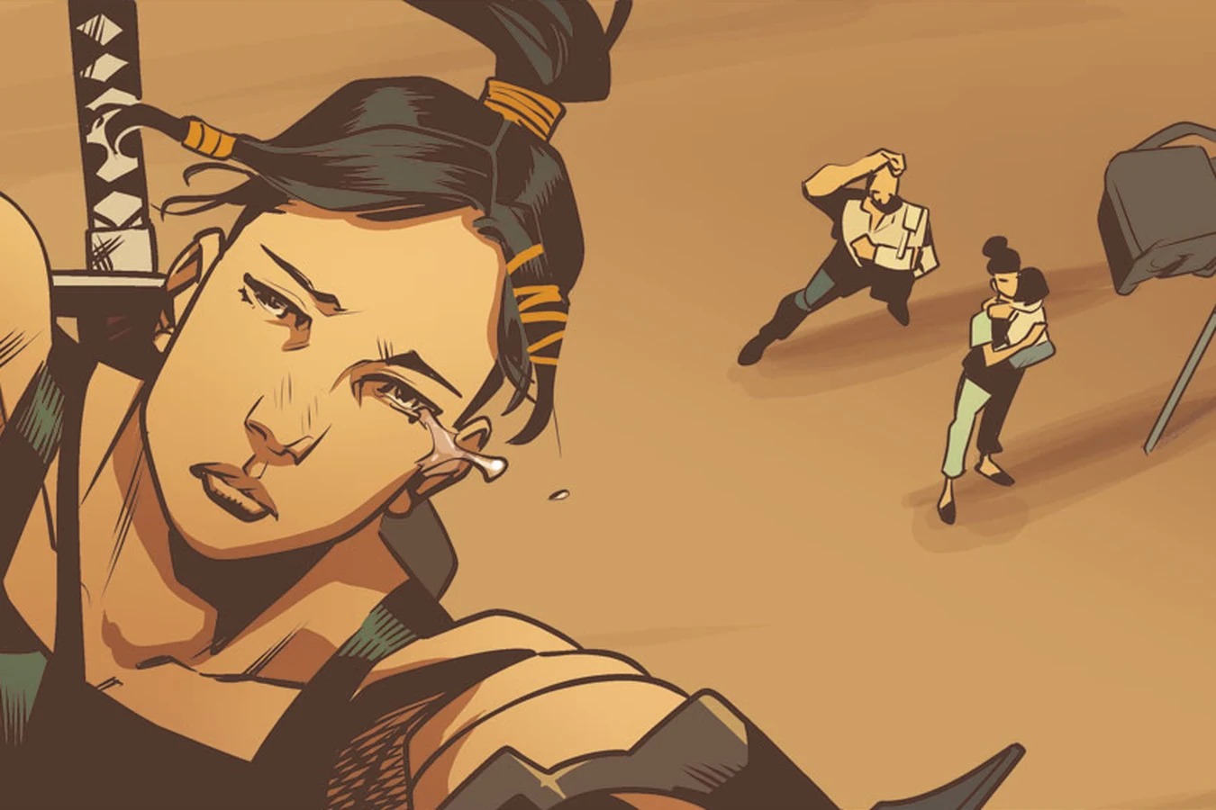 Elle riding away from Fracktown in tears with the katana on her back as the co-op family watches her go in Blade Runner: Black Lotus #4
