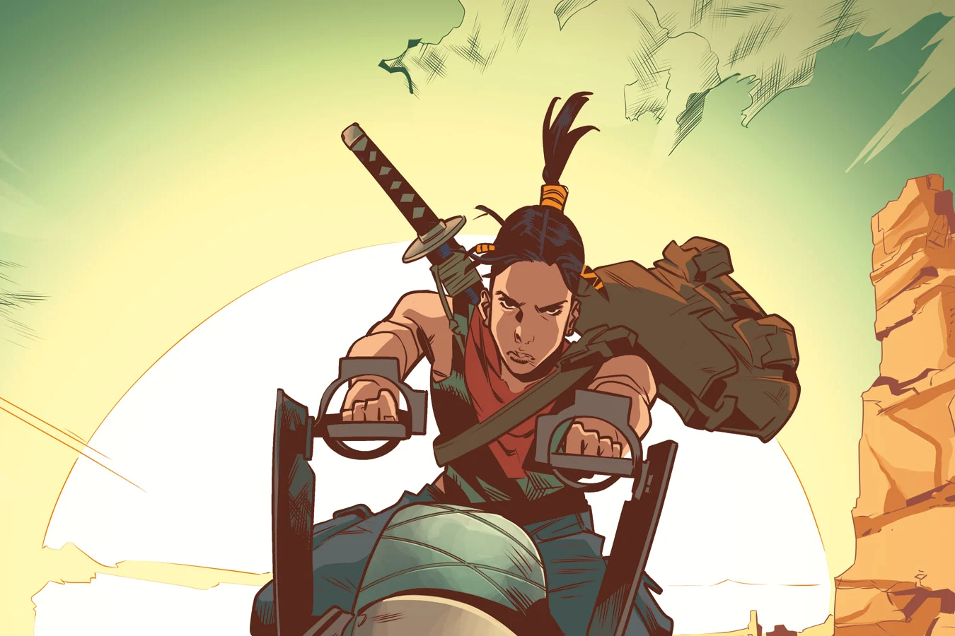 Elle racing the repaired spinner bike through a desert canyon at sunset with the katana on her back in Blade Runner: Black Lotus #3