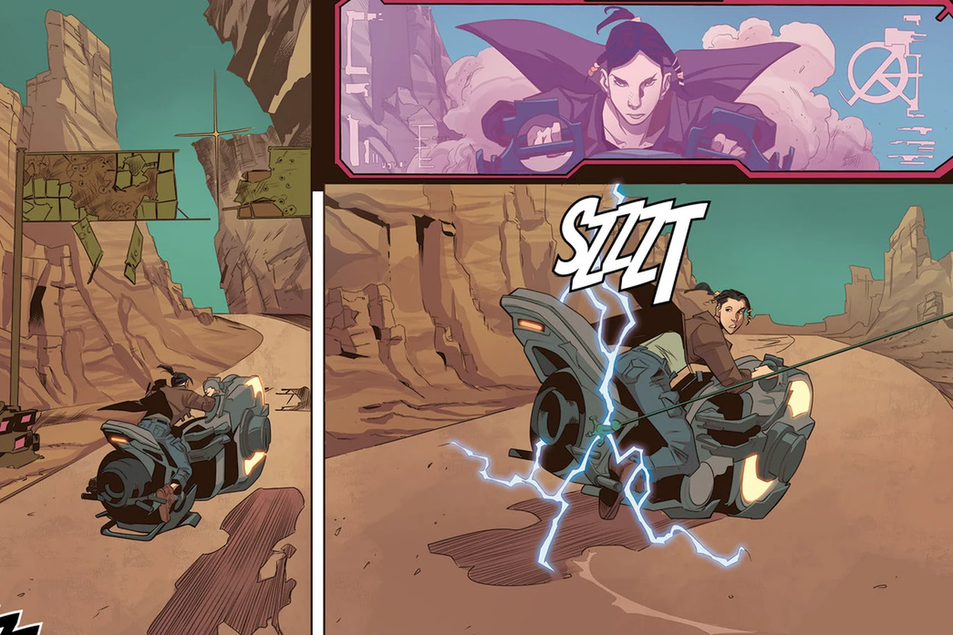 Elle's spinner bike racing through a desert canyon and struck by an electric snare in Blade Runner: Black Lotus #1