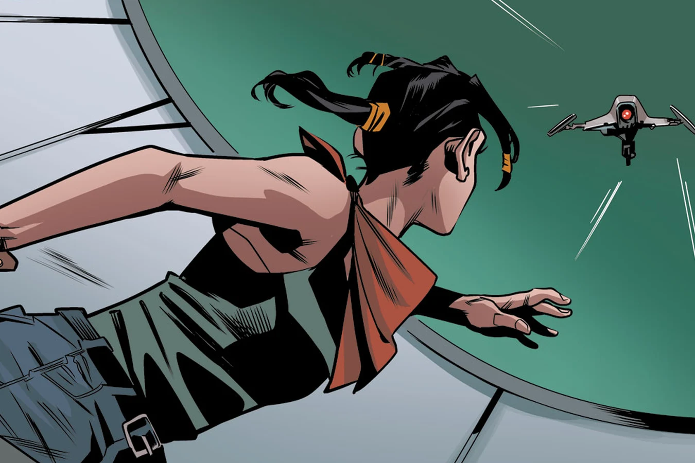 Elle twisting toward the hidden drone that shot Miguel Roman during the co-op dinner in Blade Runner: Black Lotus #2