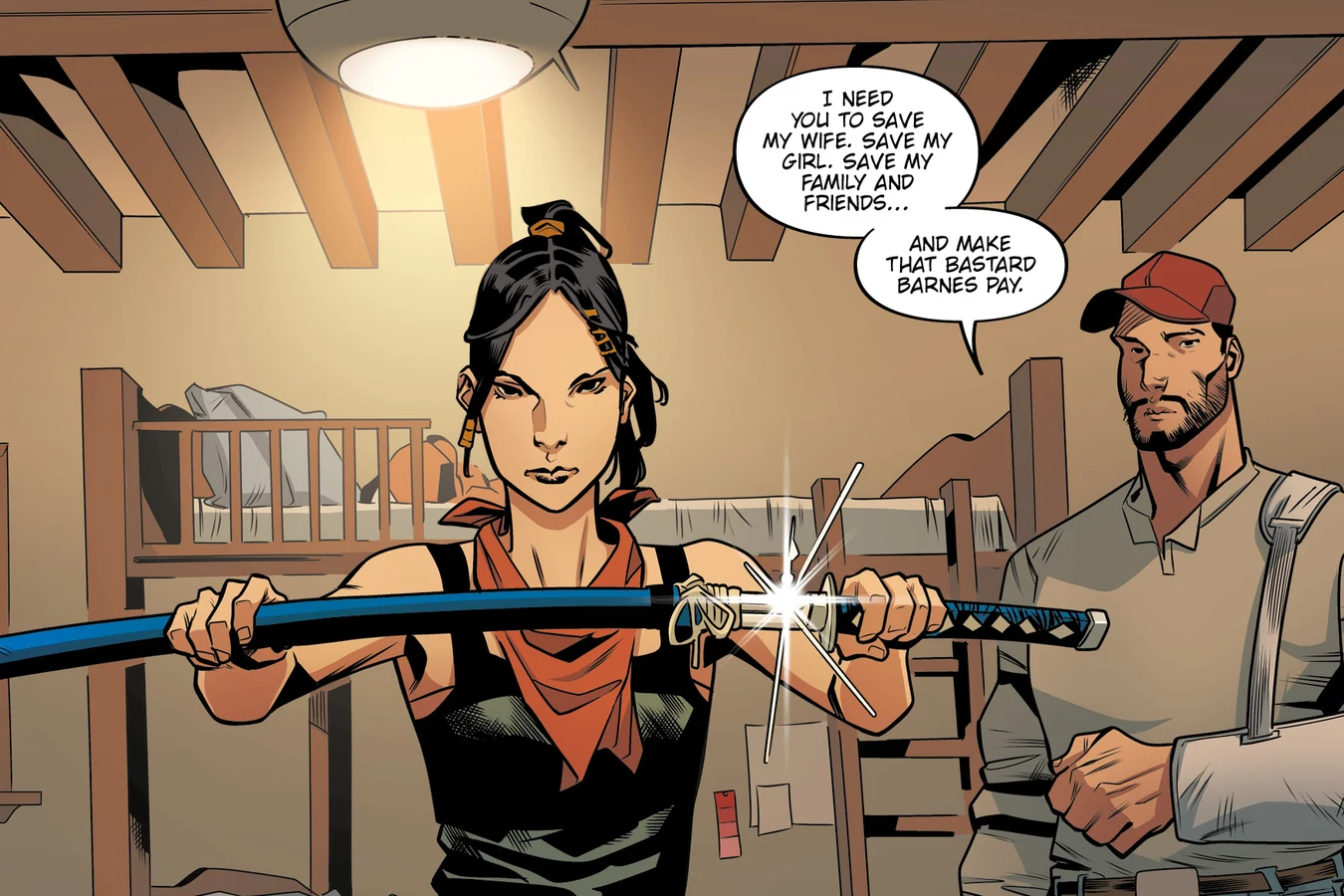 Elle drawing the heirloom katana as Miguel Roman watches with his arm in a sling in Blade Runner: Black Lotus #2