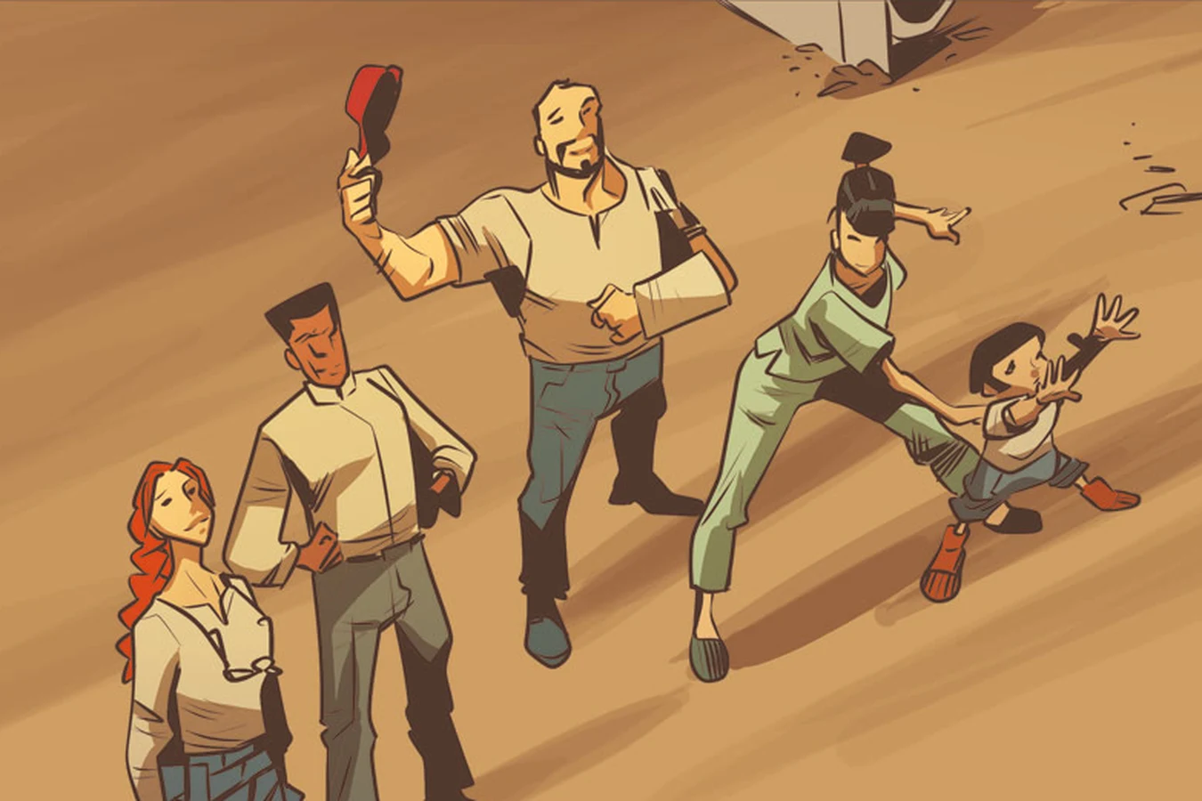 Junkett Jones, Dixon, Miguel Roman, Nyoko Kojima and Kaja waving goodbye to Elle in Blade Runner: Black Lotus #4