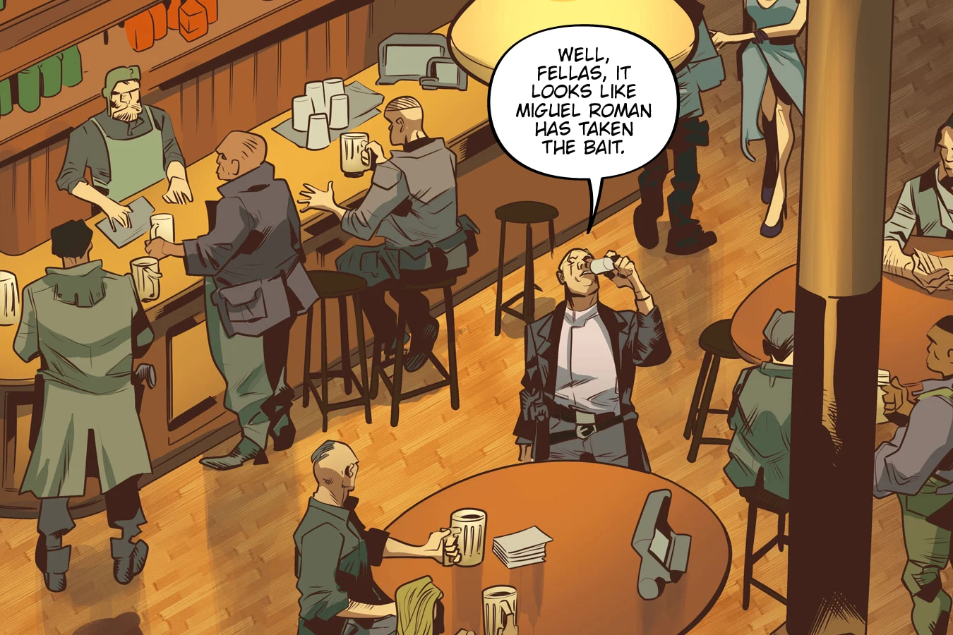 Ivan Kozlov raising a drink in a crowded Fracktown saloon as his men wait for Miguel Roman in Blade Runner: Black Lotus #4