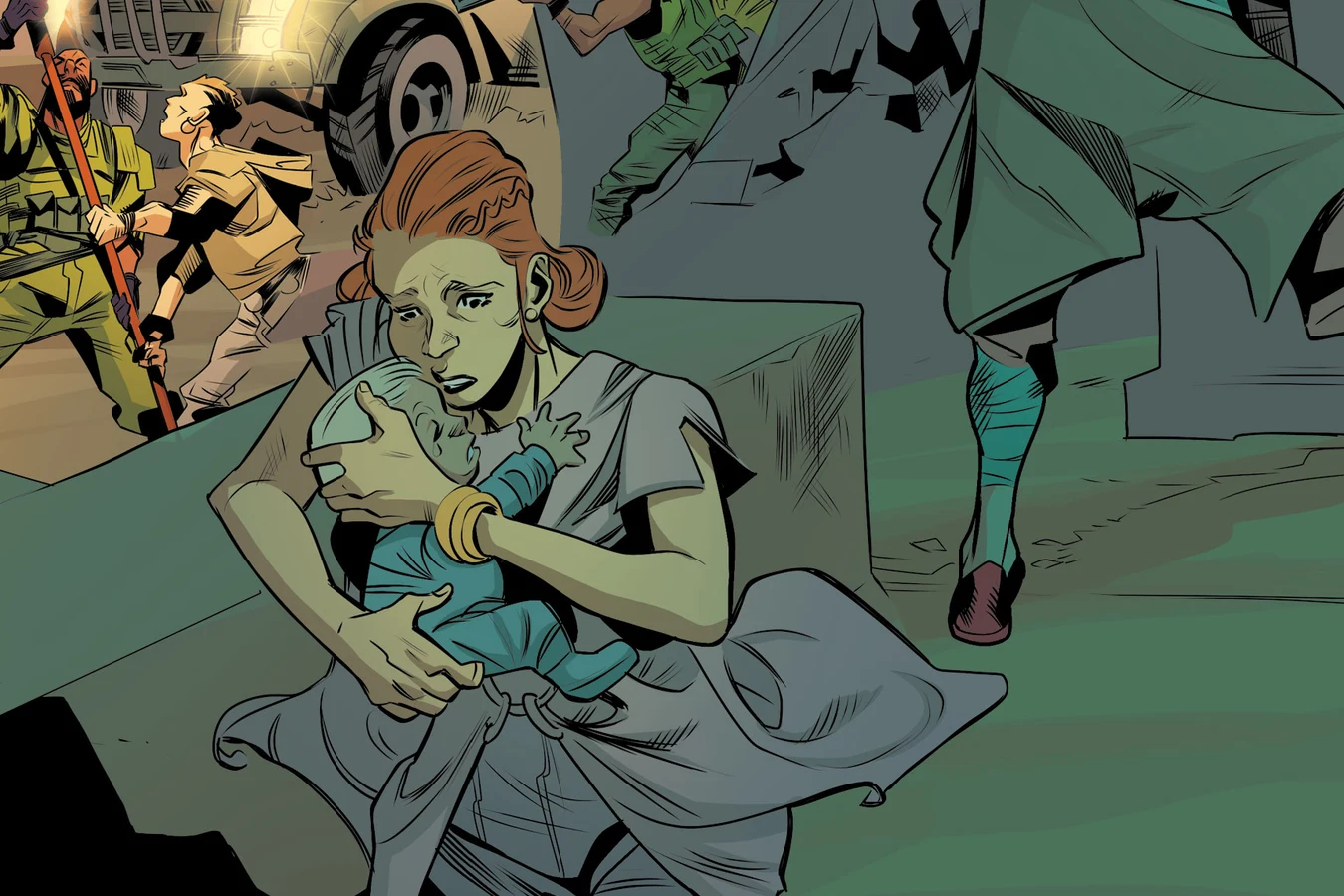 A red-haired woman clutching her baby as raiders storm the co-op behind her in Blade Runner: Black Lotus #2