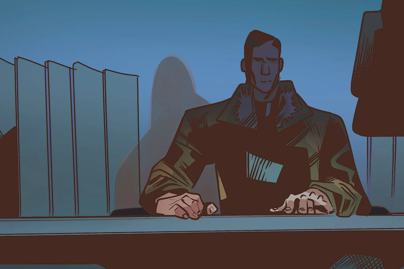Mr. Wallace at his desk as he learns that Elle survived the plant explosion in Blade Runner: Black Lotus #4