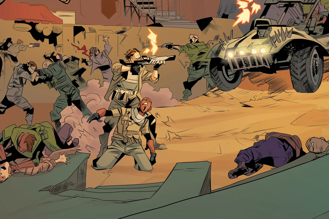 Barnes's raiders firing rifles and driving a spiked buggy through the burning Inland Empire co-op in Blade Runner: Black Lotus #2
