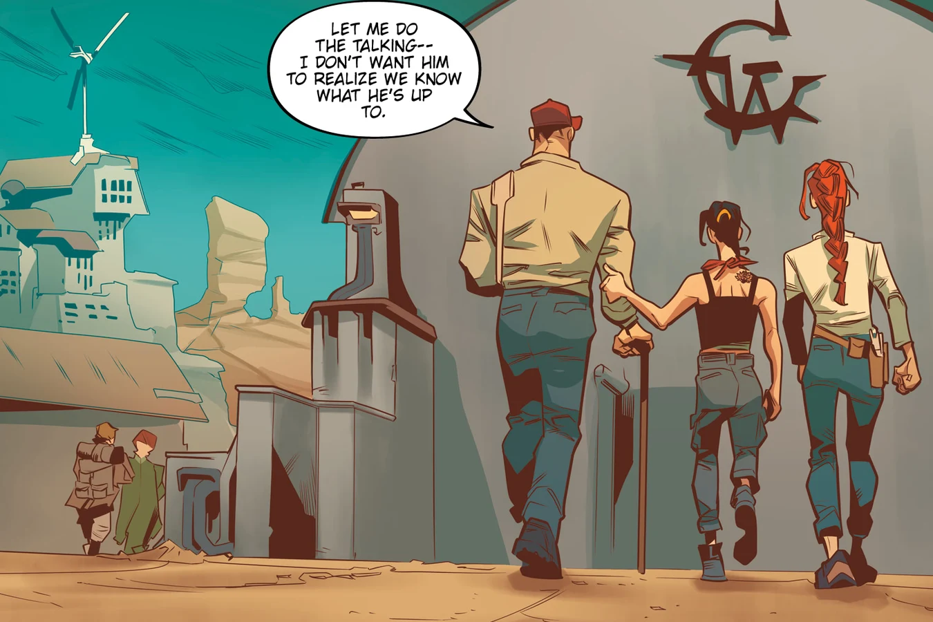 Miguel Roman, Elle and Junkett Jones walking toward a domed building at the co-op in Blade Runner: Black Lotus #3