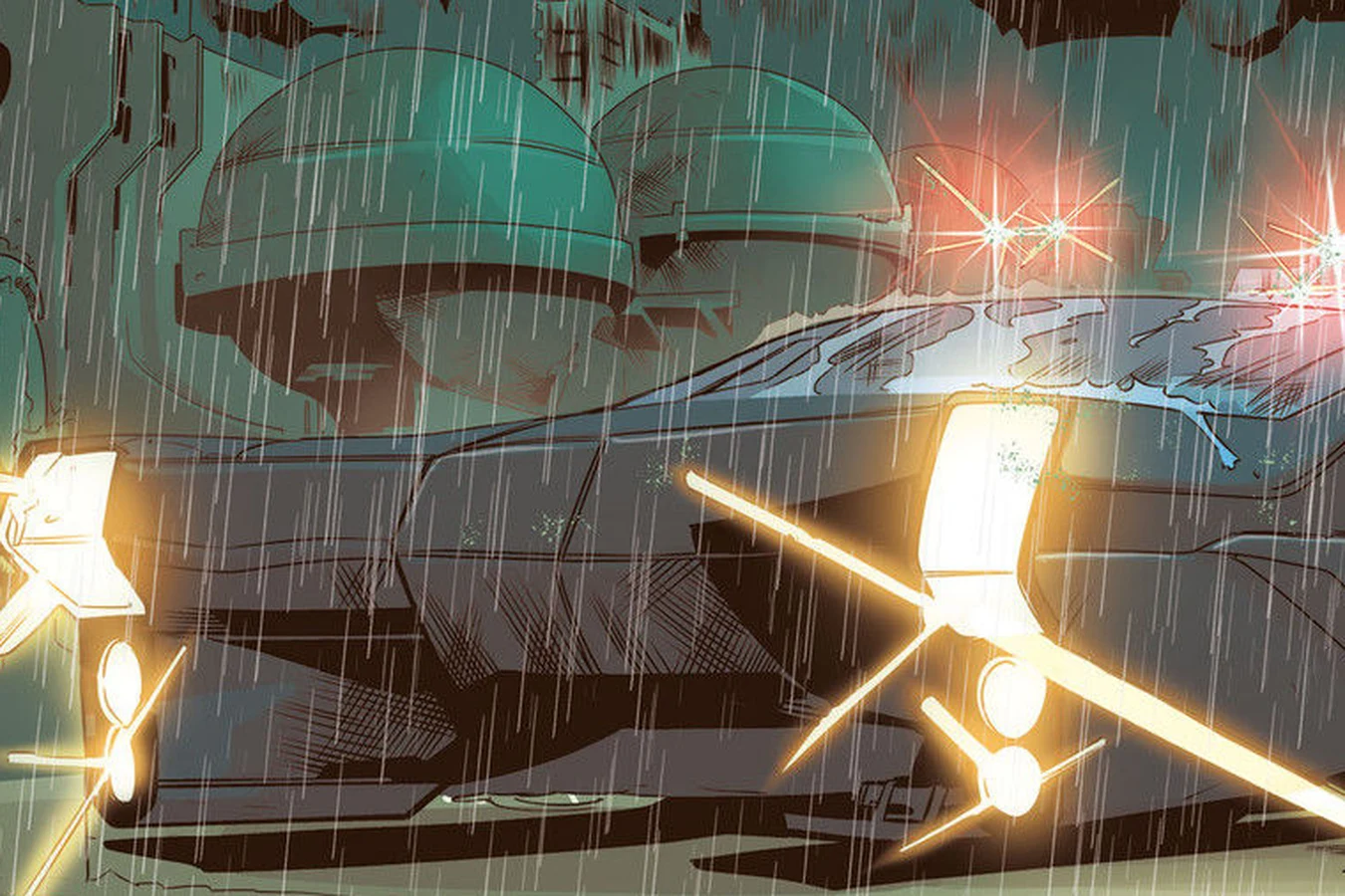 A Wallace Corporation spinner landing at the Fracktown plant in the rain in Blade Runner: Black Lotus #1
