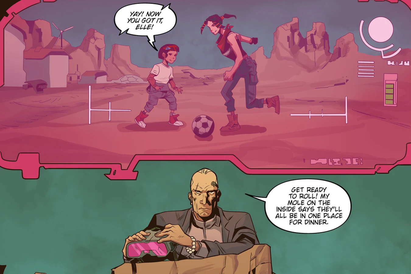 A watcher on the desert rocks spying through binoculars on Elle playing football with a co-op child in Blade Runner: Black Lotus #1