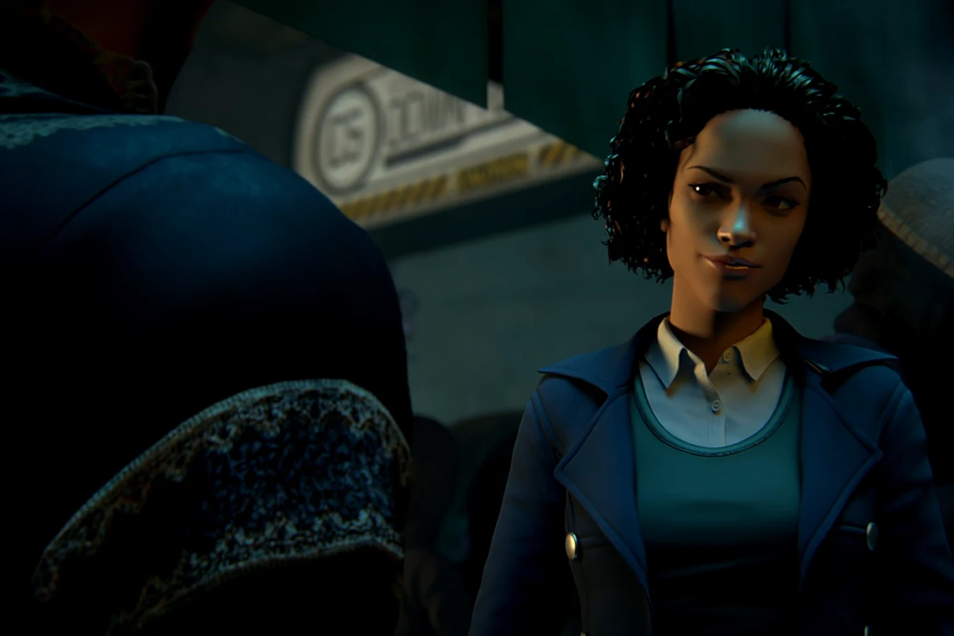 Officer Alani Davis in a blue coat on a neon-lit Los Angeles street at night in Blade Runner: Black Lotus