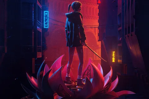 Blade Runner: Black Lotus key art of Elle holding a sword on a giant pink lotus in a neon-lit Los Angeles street