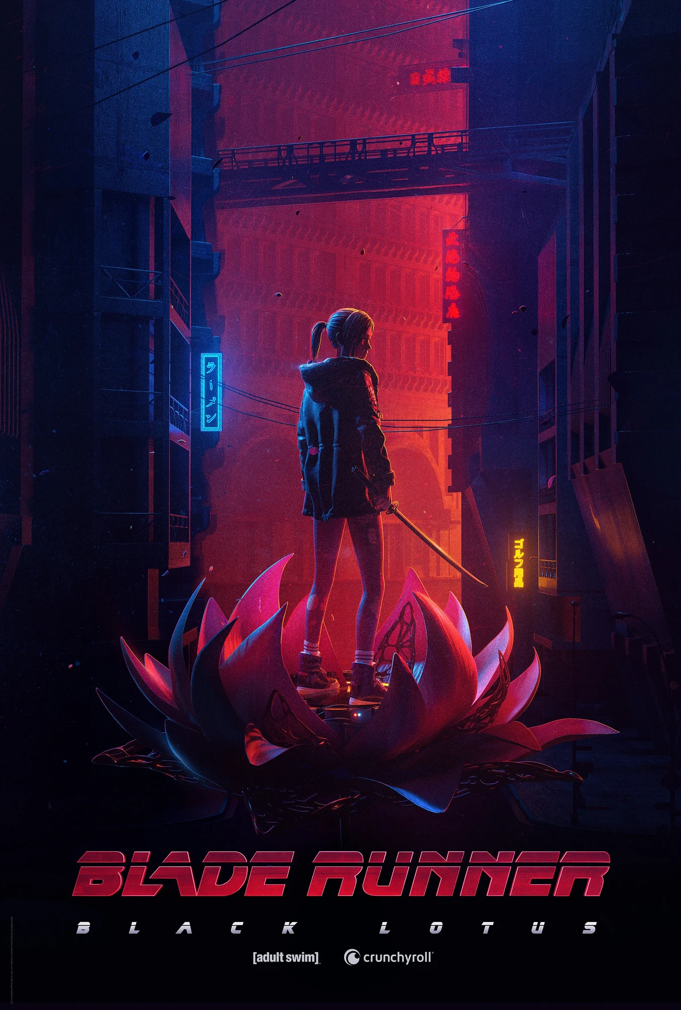 Blade Runner: Black Lotus key art of Elle holding a sword on a giant pink lotus in a neon-lit Los Angeles street
