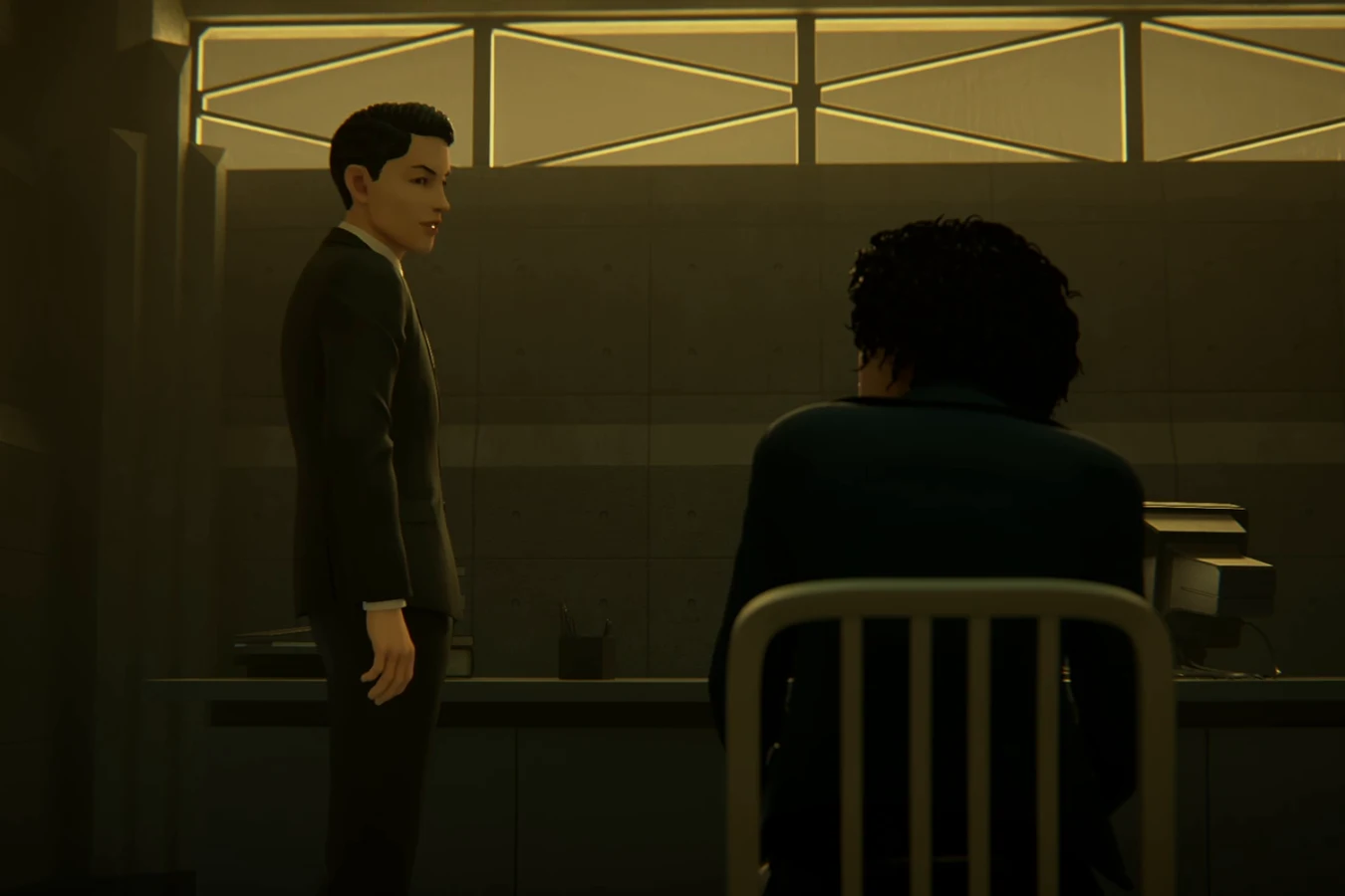 Investigator Alan Chen standing over Alani Davis in an interview room in Blade Runner: Black Lotus