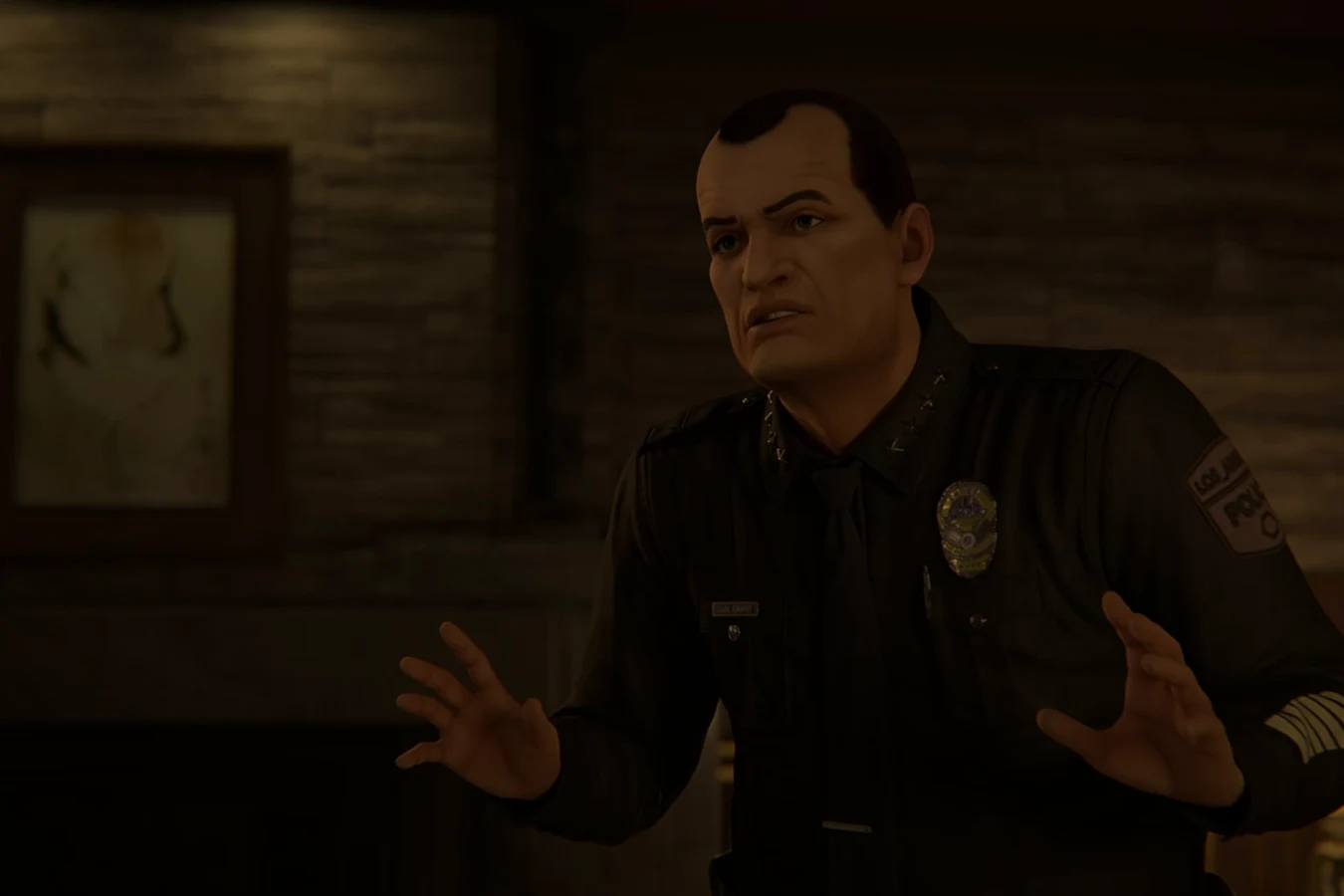 Chief Earl Grant raising his hands as he tries to talk Elle down in Blade Runner: Black Lotus