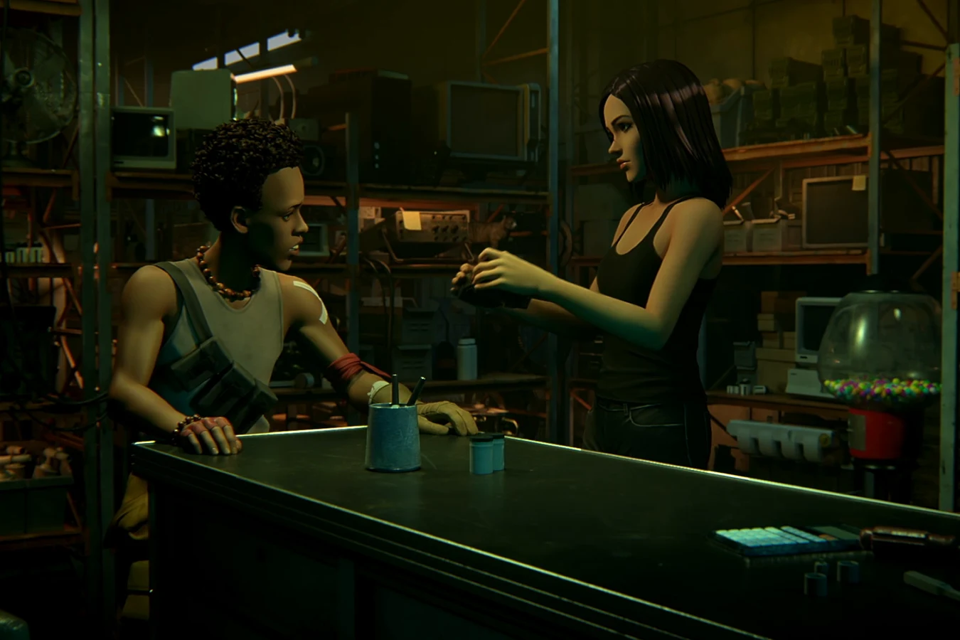 Elle talking with Doc Badger across the counter of his junk shop in Blade Runner: Black Lotus