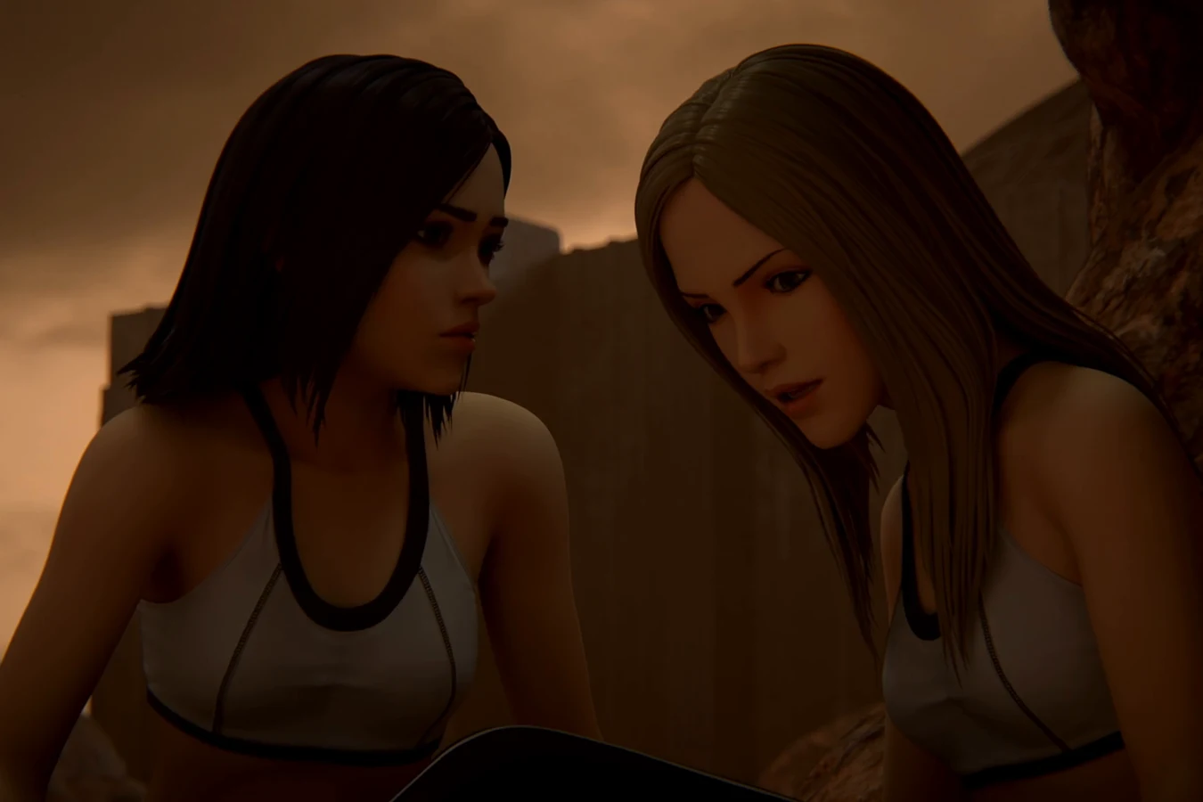 Elle and Miu huddled together among the rocks of the desert in Blade Runner: Black Lotus