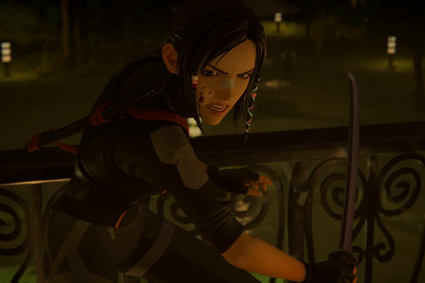 Elle, bloodied, crouching at a wrought-iron railing with her sword in the Wallace Tower aviary at night in Blade Runner: Black Lotus