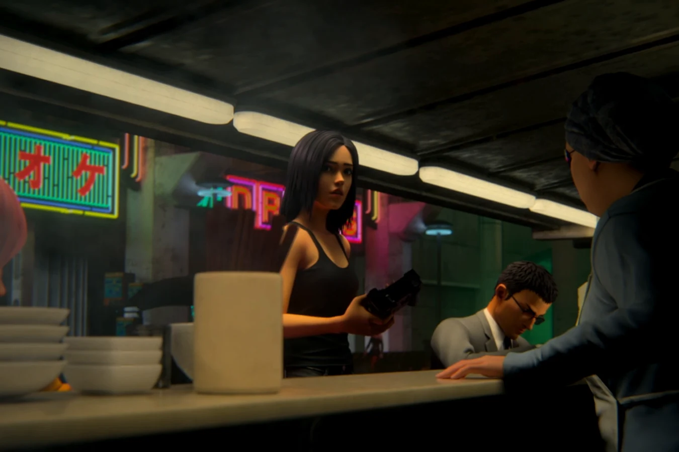 Elle standing at a neon-lit noodle bar counter in rainy Los Angeles in Blade Runner: Black Lotus