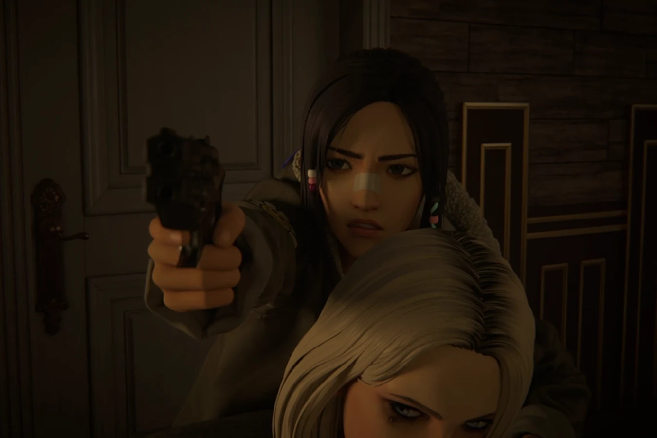 Elle holding a pistol to Josephine Grant's head in the Grant penthouse in Blade Runner: Black Lotus