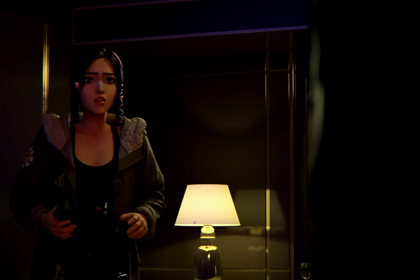 Elle standing in the doorway of Senator Bannister's lamp-lit private box at the replicant boxing club in Blade Runner: Black Lotus