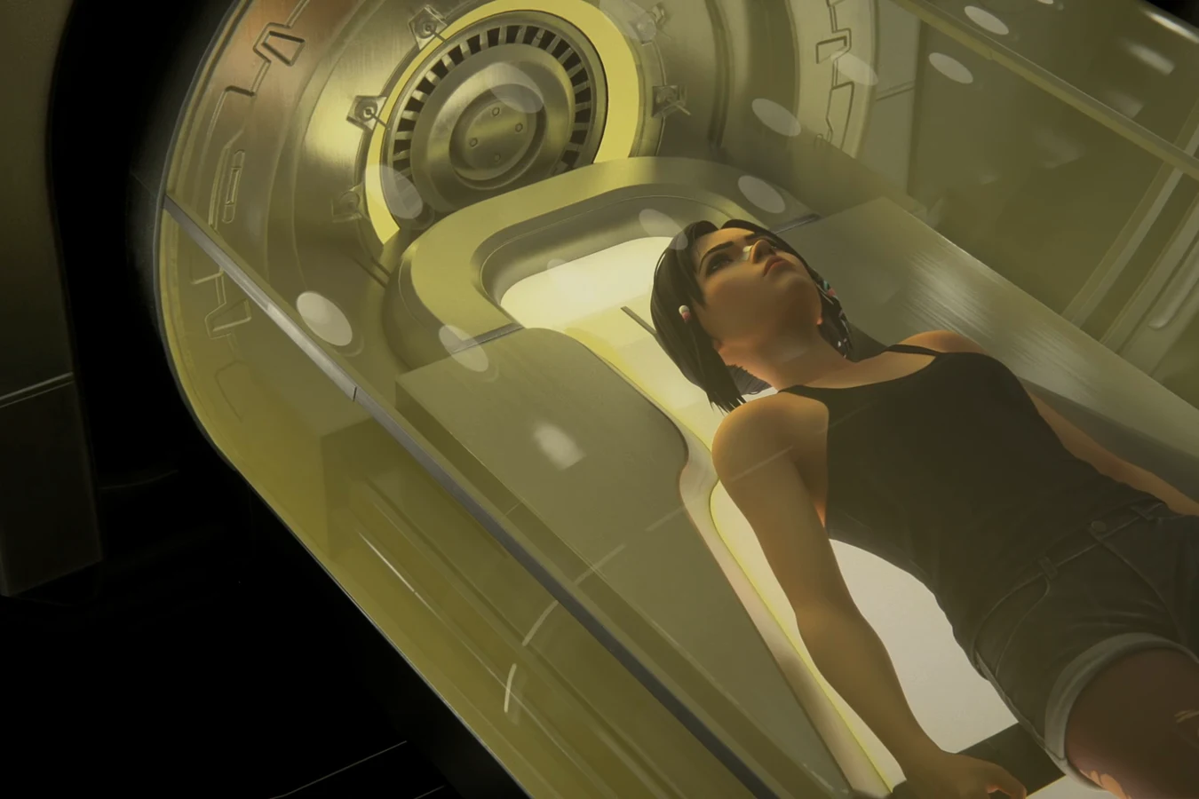 Elle lying inside the glass memory pod in Goodman's laboratory in Blade Runner: Black Lotus