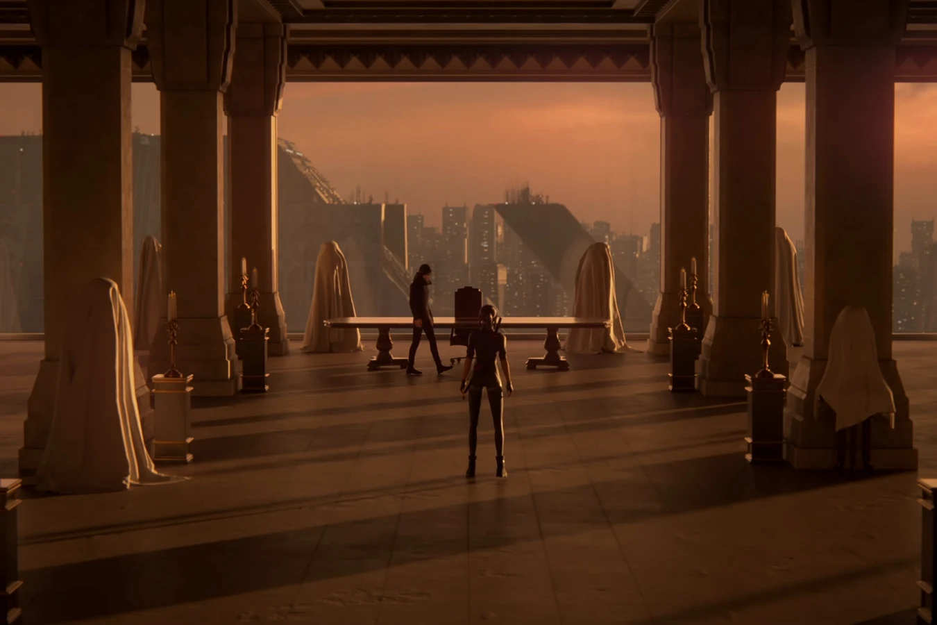 Elle walking toward Wallace Jr. across the Tyrell sanctum at sunset in Blade Runner: Black Lotus