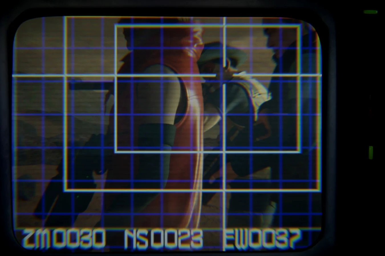 An ESPER screen enhancing a frame from Hooper's recording of the hunt in Blade Runner: Black Lotus