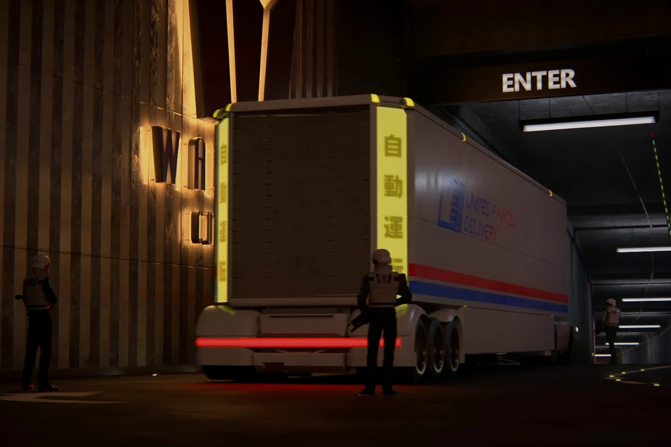 A freight truck pulling into a loading entrance at Wallace Tower in Blade Runner: Black Lotus