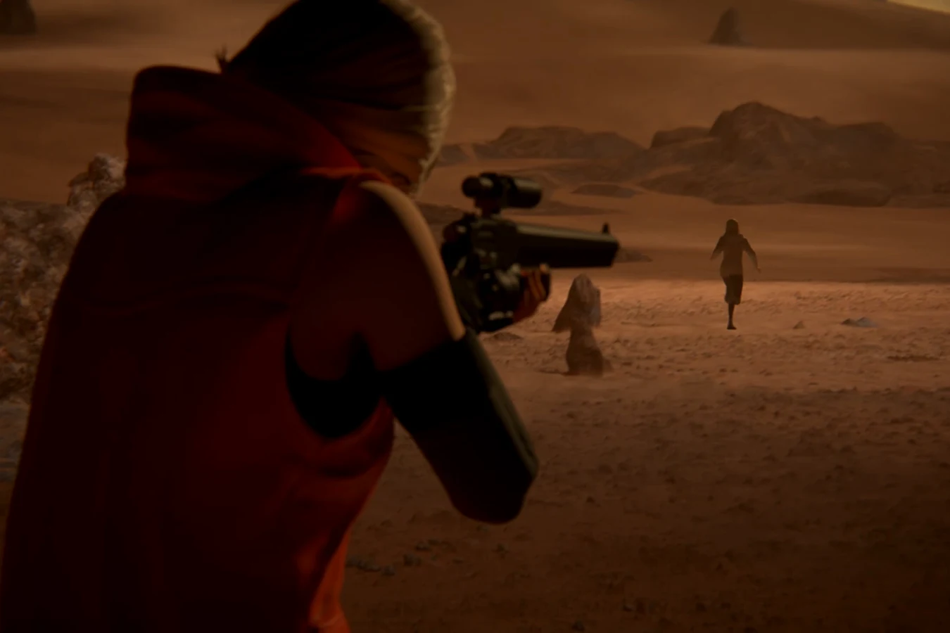 A hunter in a red jacket aiming a rifle at replicants fleeing across the desert in Blade Runner: Black Lotus