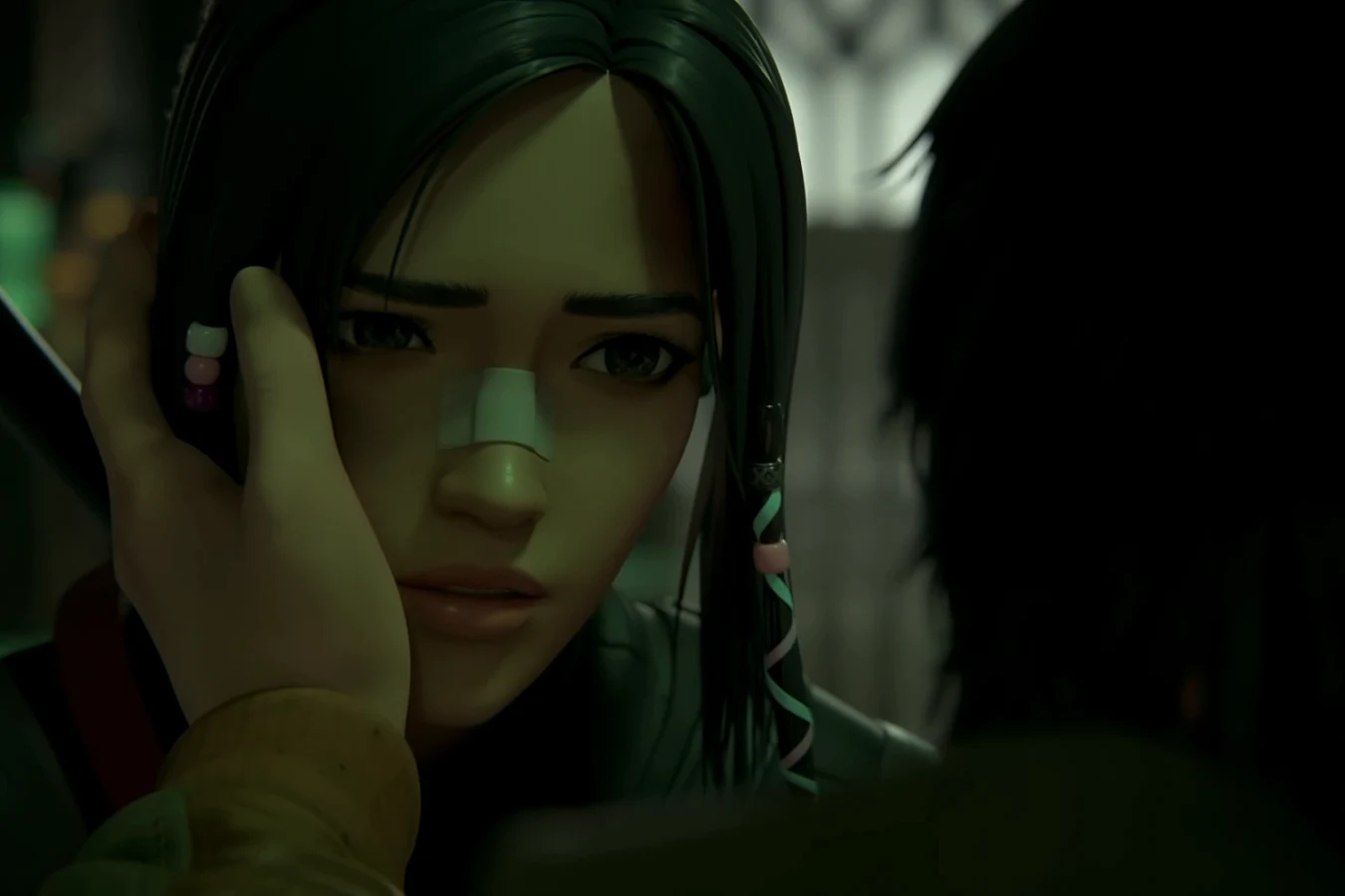 Joseph touching the face of Elle, her nose bandaged, in the final episode in Blade Runner: Black Lotus