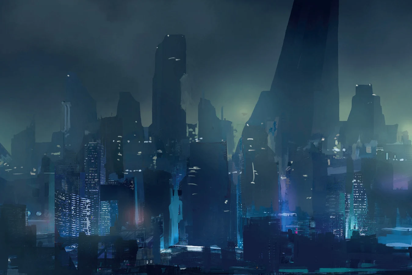 Concept art of the dark Los Angeles skyline at night, seen from a highway in Blade Runner: Black Lotus