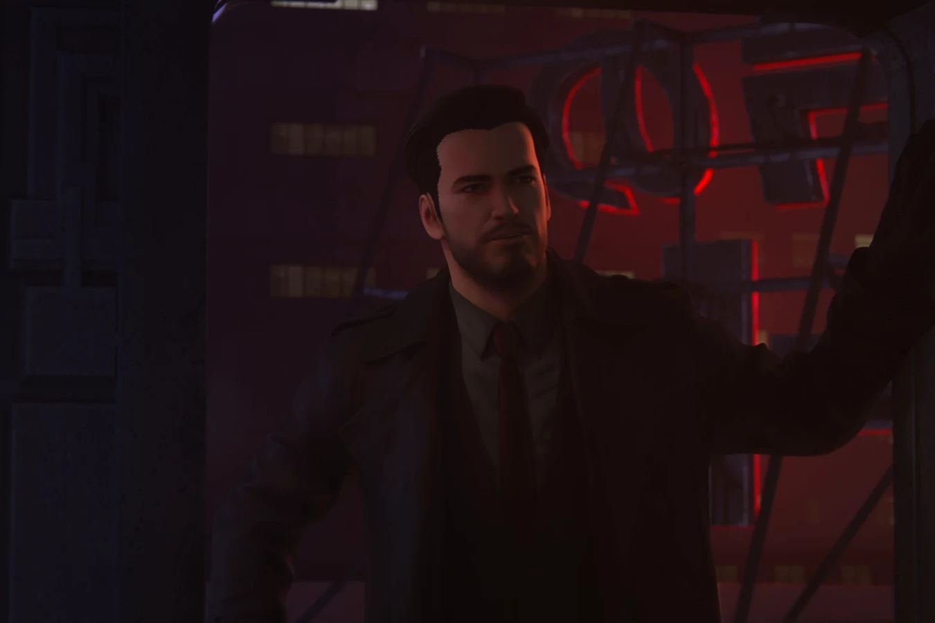 Marlowe reaching out in a dark apartment during his fight with Joseph in Blade Runner: Black Lotus