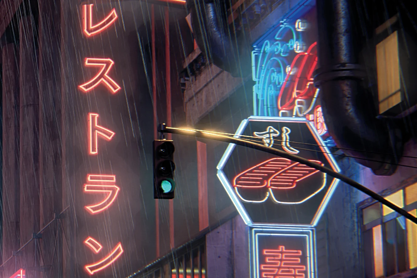 Concept art of a rainy Los Angeles street crowded with red neon Japanese signs in Blade Runner: Black Lotus