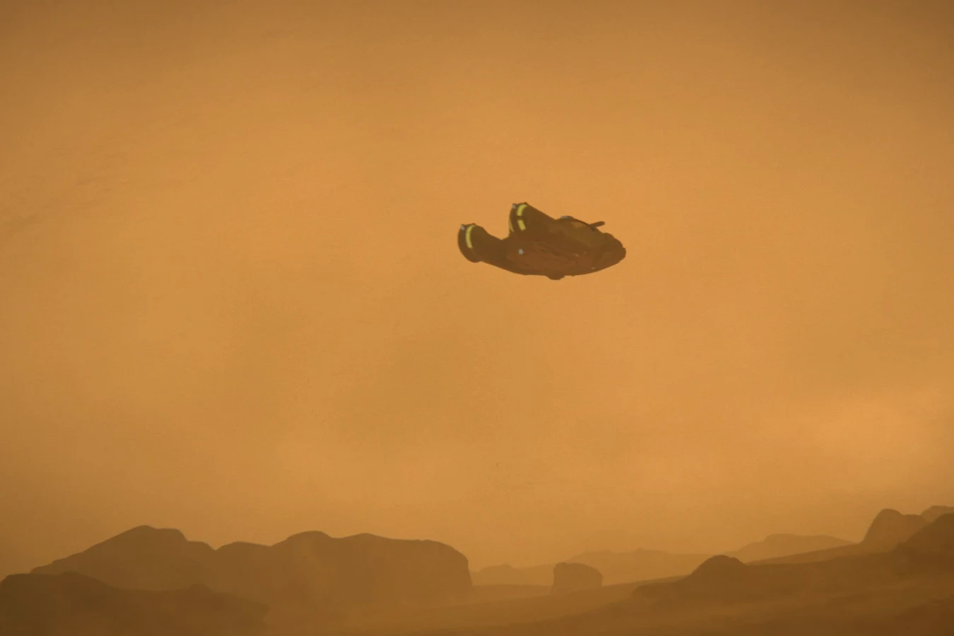 A small aircraft flying low over the hazy orange Nevada desert in Blade Runner: Black Lotus