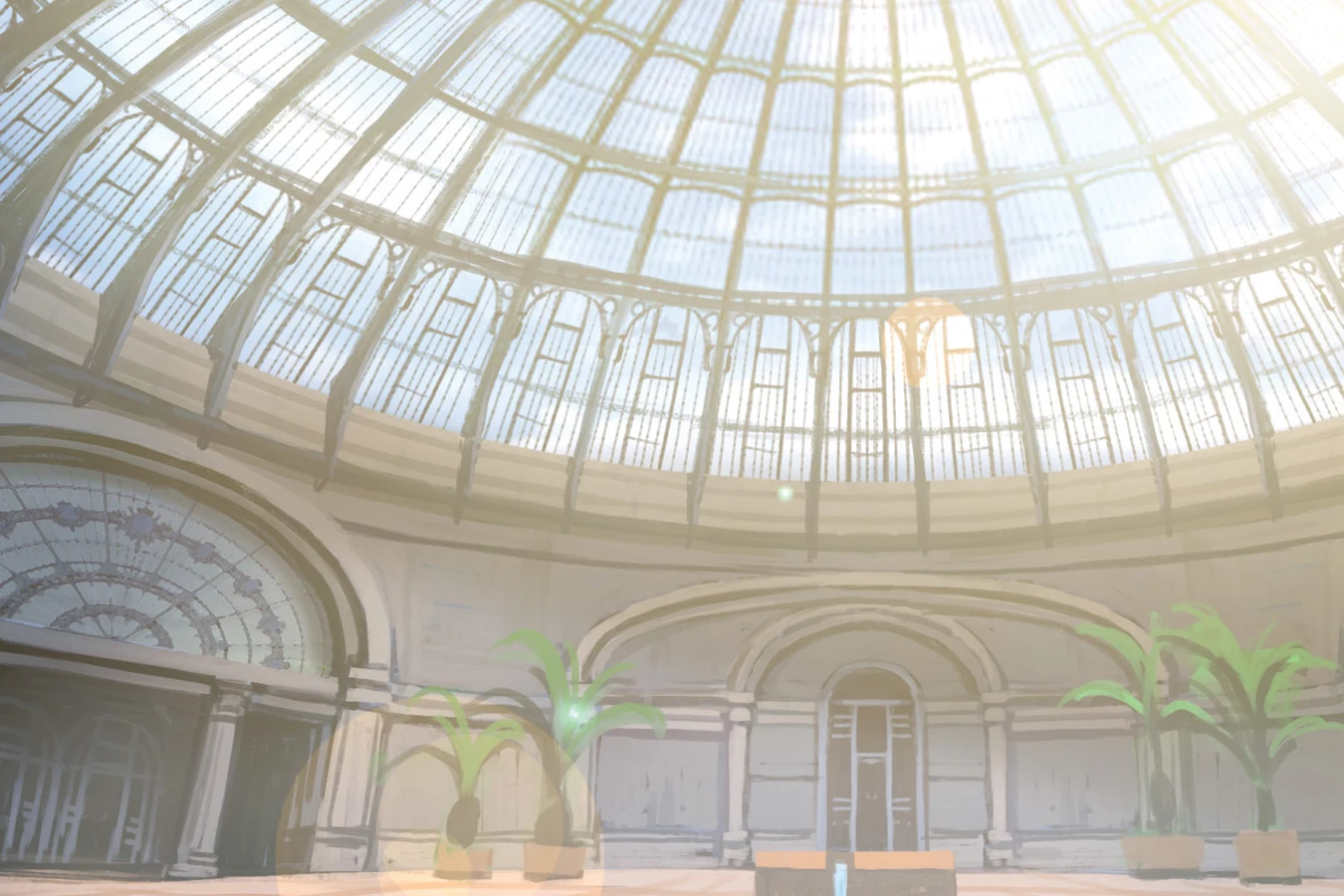 Concept art of the glass-domed pool room from Elle's memory in Blade Runner: Black Lotus