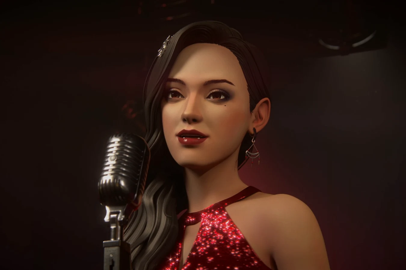 The replicant singer Selene performing at a microphone in a red dress in Blade Runner: Black Lotus