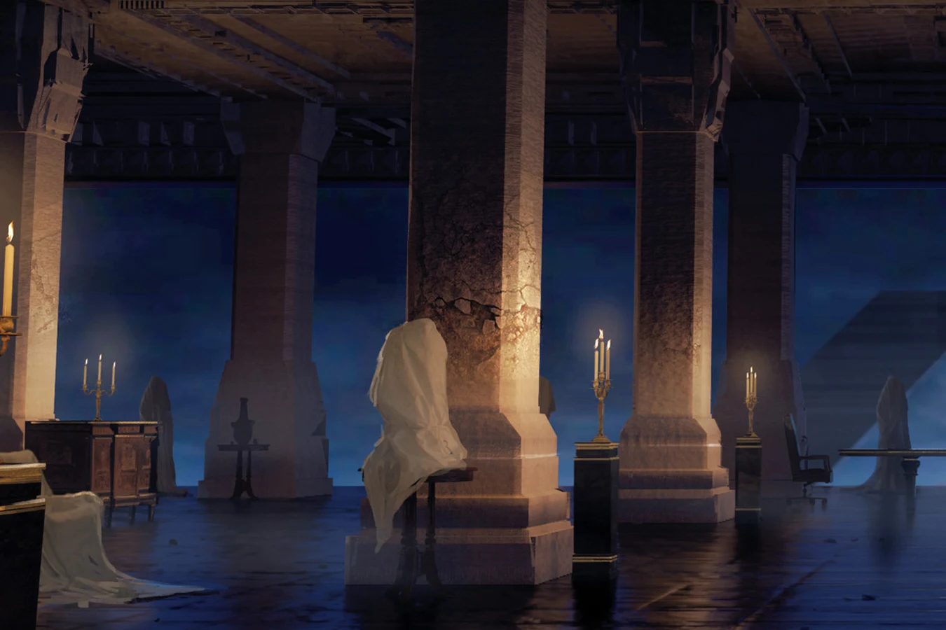 Concept art of the pillared Tyrell sanctum with sheeted furniture and blue windows in Blade Runner: Black Lotus