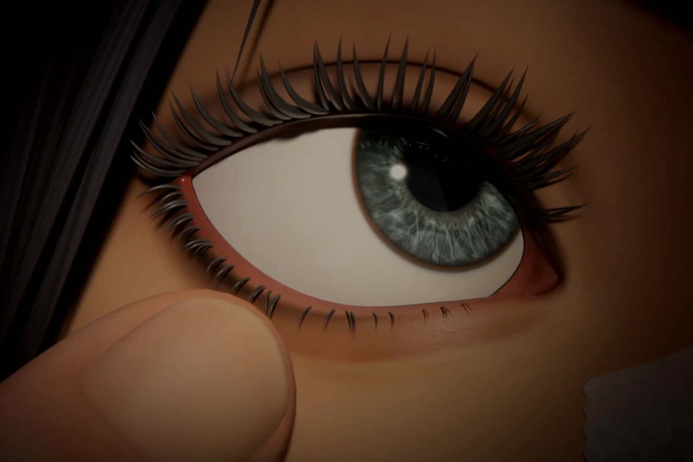 Extreme close-up of Elle's eye during a Voight-Kampff test in Blade Runner: Black Lotus