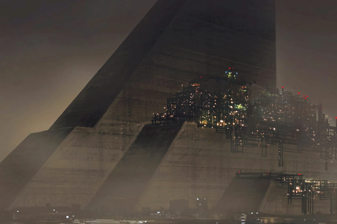 Concept art of the black pyramid of Wallace Tower above the lights of Los Angeles in Blade Runner: Black Lotus