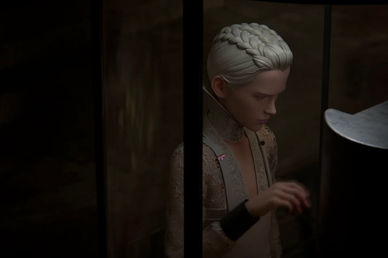 Water Lily with her white braided hair half hidden in shadow in Blade Runner: Black Lotus