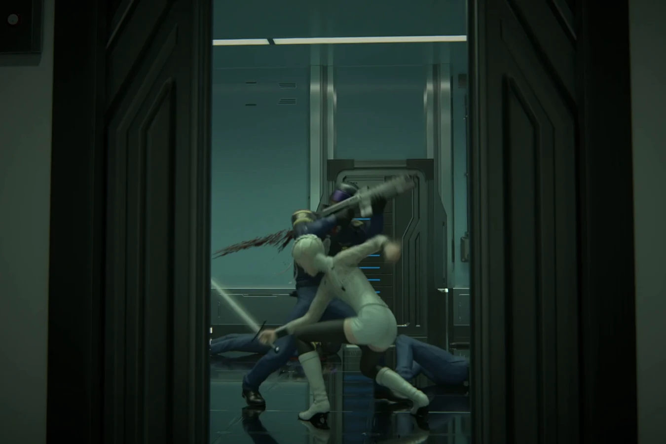 Water Lily cutting down guards with a sword in a teal corridor in Blade Runner: Black Lotus