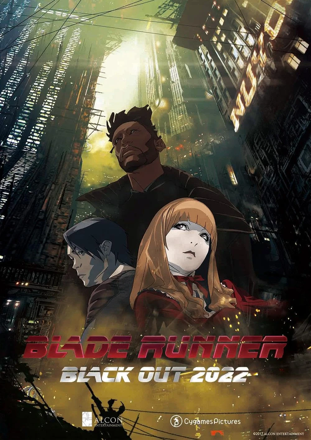Blade Runner Black Out 2022 poster art of Iggy, Trixie and Ren below dark Los Angeles towers