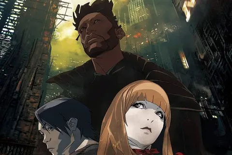 Iggy, Trixie and Ren from the Blade Runner Black Out 2022 poster art below dark Los Angeles towers