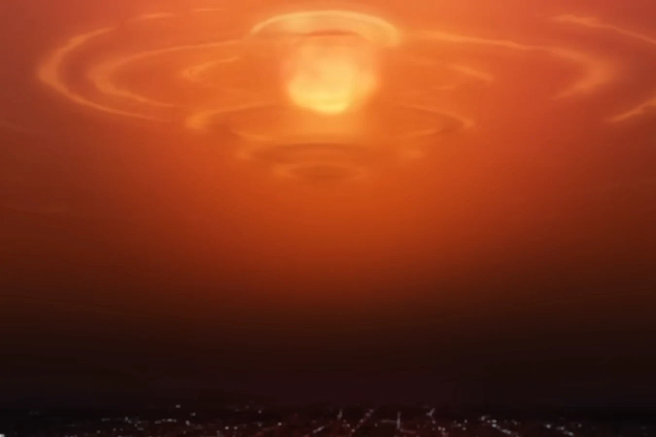 The orange glow of the nuclear EMP blast spreading across the sky above Los Angeles in Blade Runner Black Out 2022