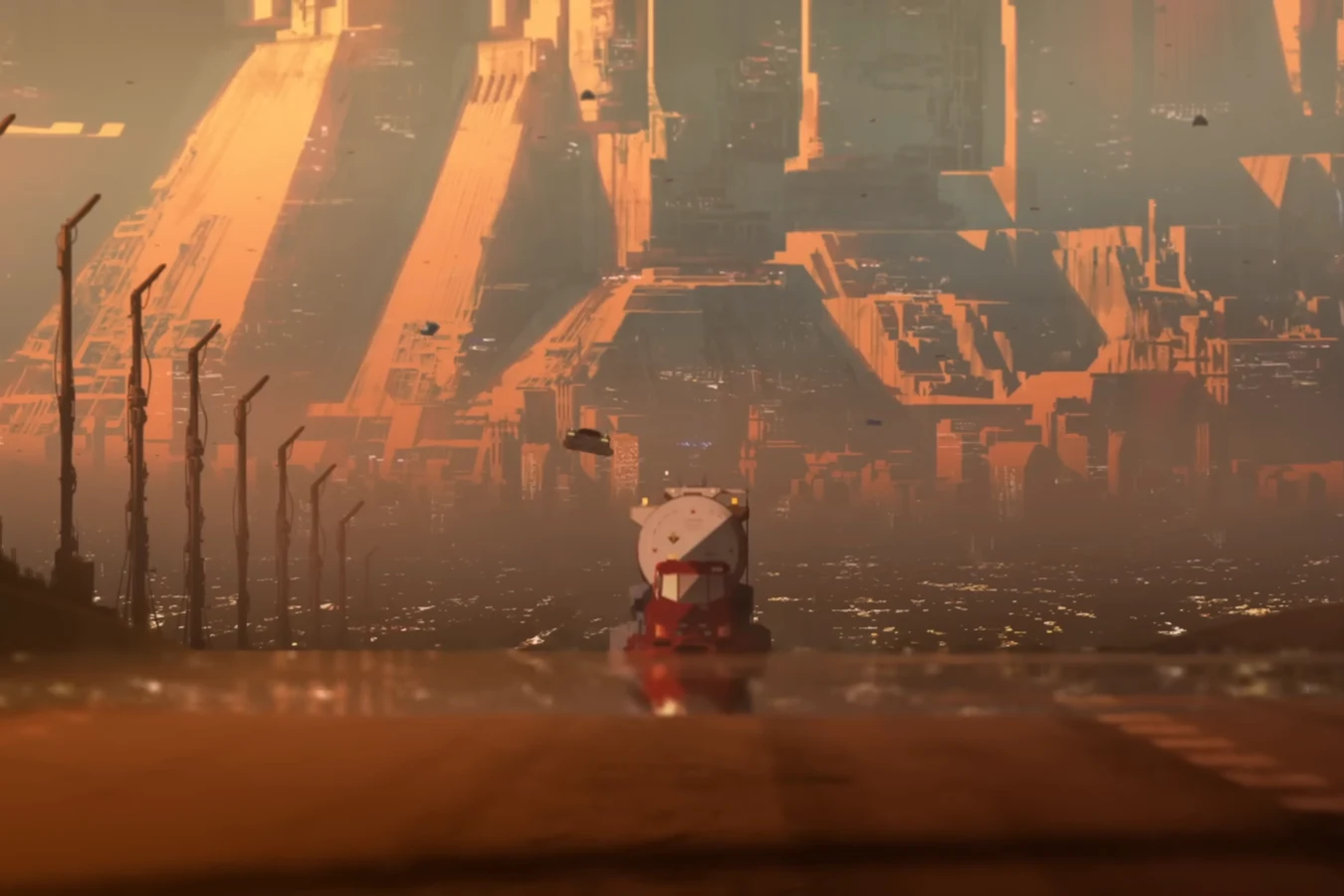 A huge fuel truck driving down a long empty road toward a vast orange-lit complex in Blade Runner Black Out 2022