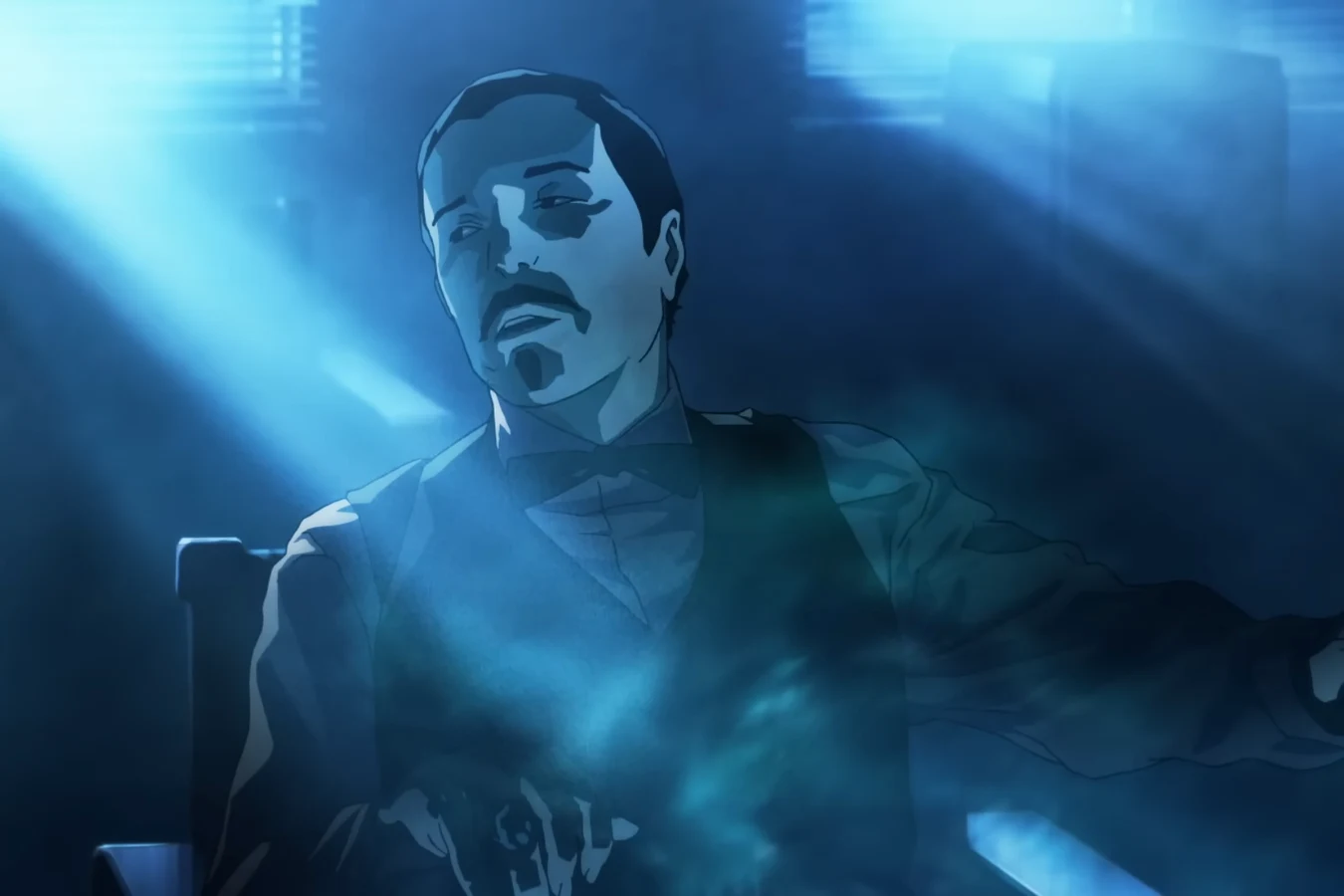 Gaff with his trimmed mustache leaning back in a chair in a dim, smoky police office in Blade Runner Black Out 2022